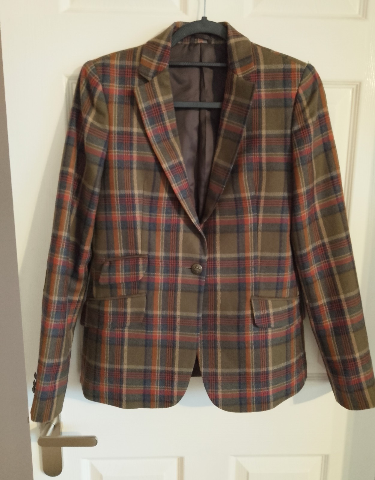 Peter MacArthur 100% Wool Tartan Blazer UK 10 Woven in Scotland Elbow Patches