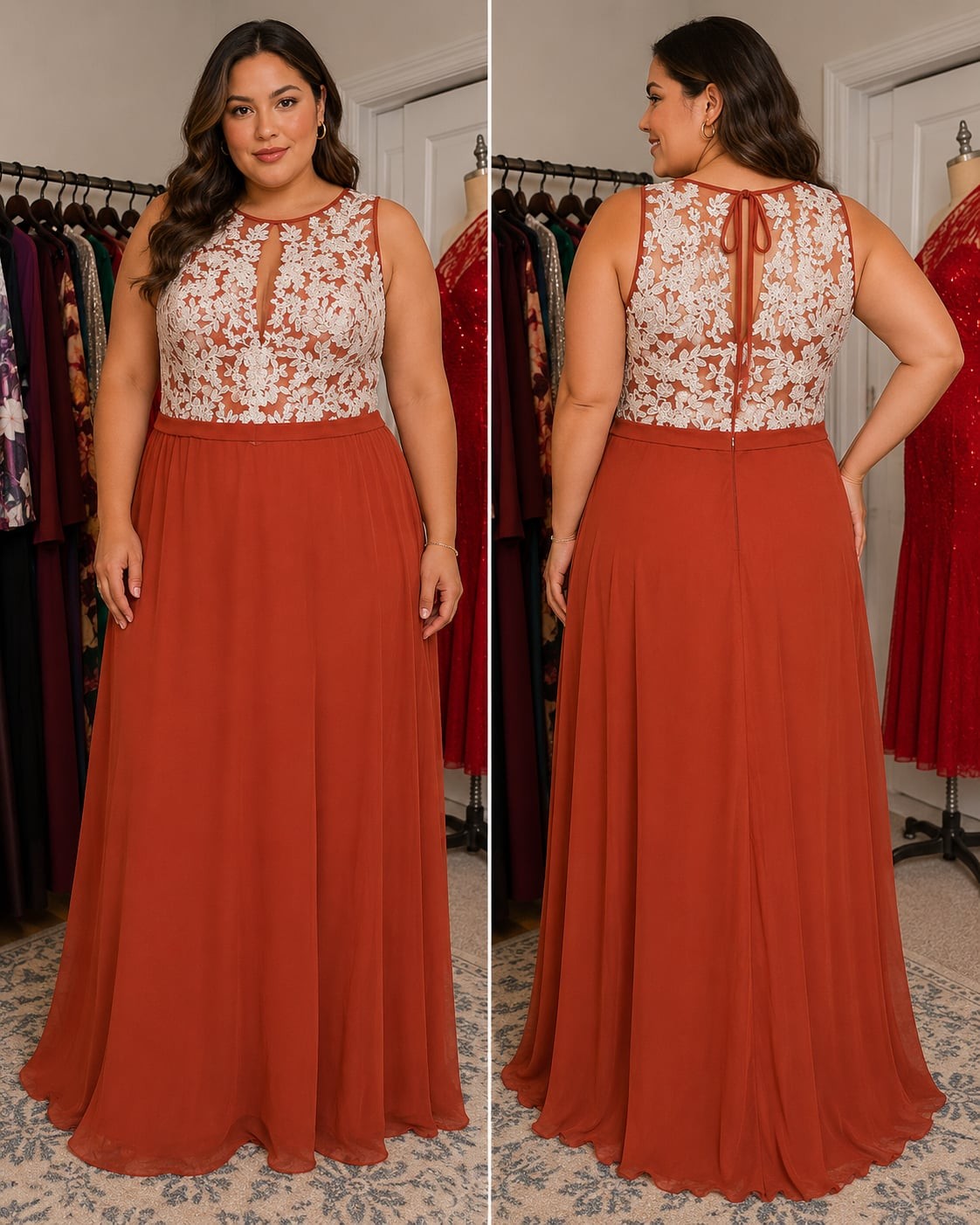 JJ’s House Lace Applique Chiffon A-Line Evening Gown in Vermilion, US 18W