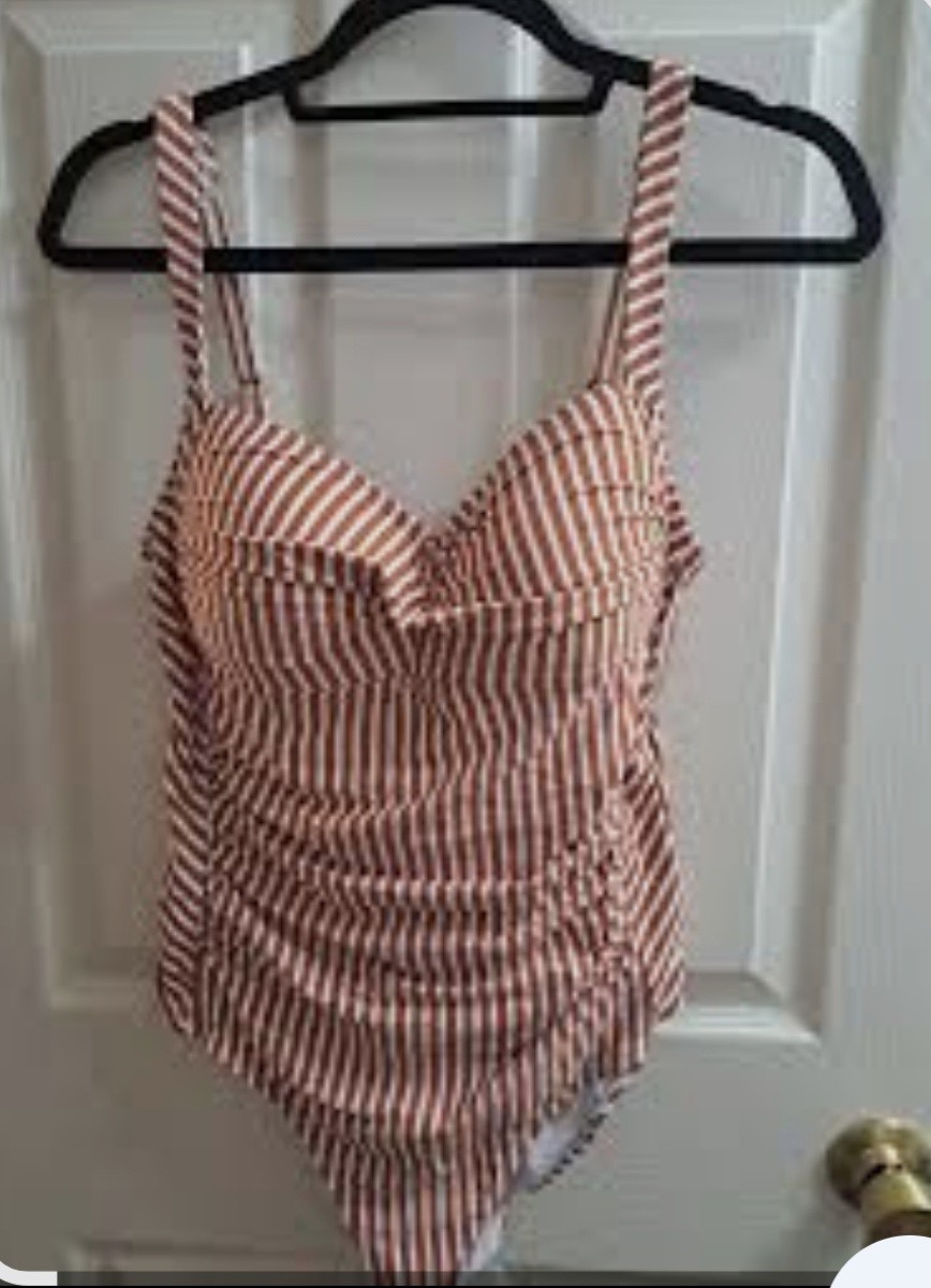 Nip Tuck Brown White Striped One Piece Swimsuit Ruched Adjustable Straps small