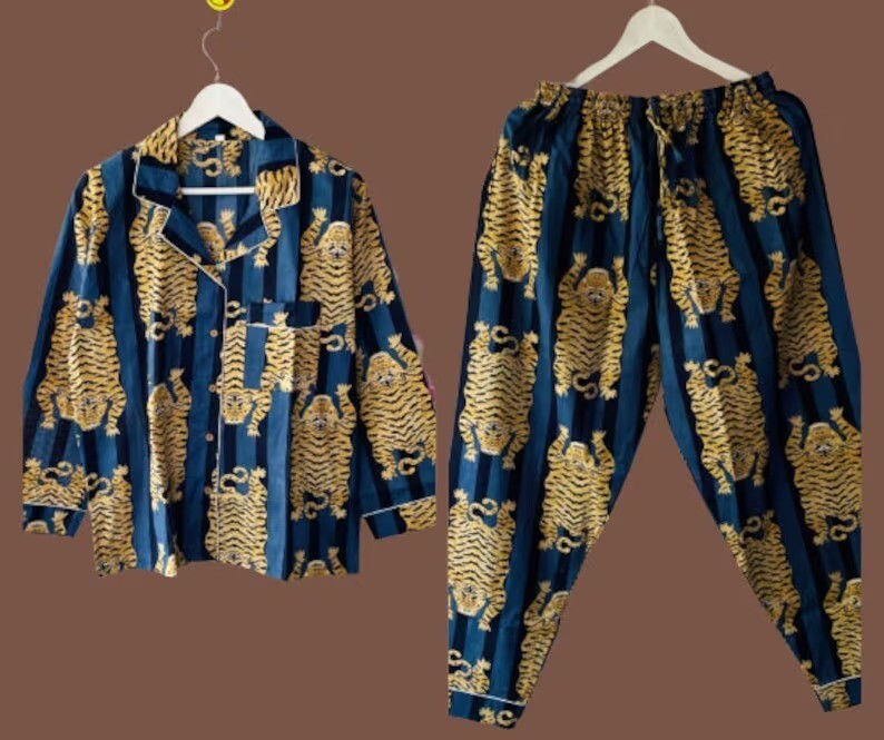 Indian Blue Cotton Tiger Print PJ Set Bridesmaid Pajama Set Women Nightwear Suit