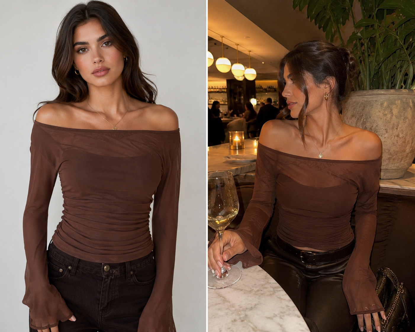 SHEIN Brown Mesh Ruched Off Shoulder Long Sleeve Top Built In Tank Size L NWT