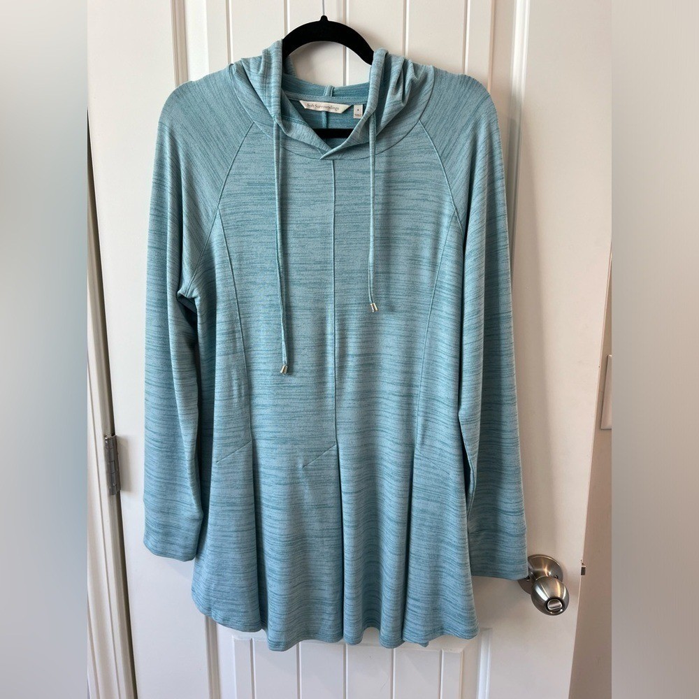 Soft Surroundings Aqua Heather Stretch Knit Riverland Tunic Hoodie Size S