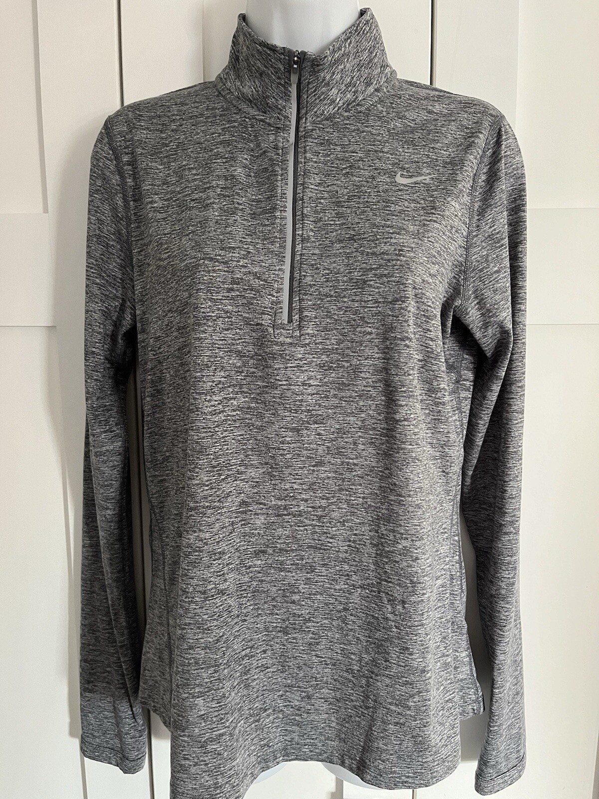 Nike Running Dri Fit Pull Over 1/4 Zip Gray Heathered Reflective Thumb hole Sz M