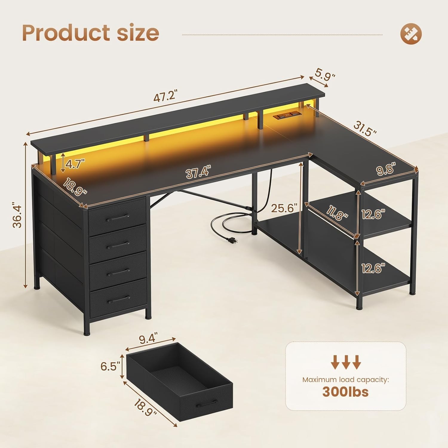L Shaped Desk with 4 Drawers &Storage Shelves, Corner Computer Desk w/LED Lights