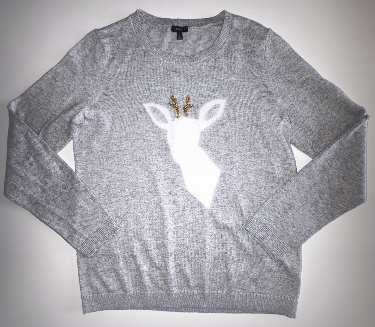 Talbots Heather Gray Crewneck Sweater White Fuzzy Reindeer Women’s Size Medium