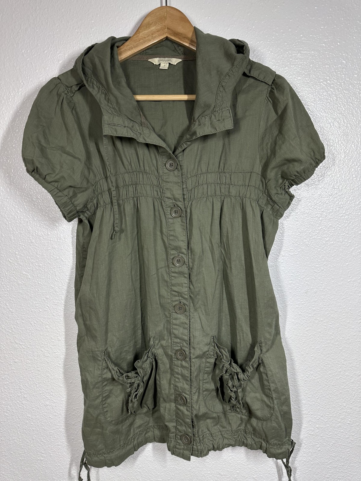 Rubbish Jacket Womens Small Green Hooded Short Sleeve Button Drawstring Utility