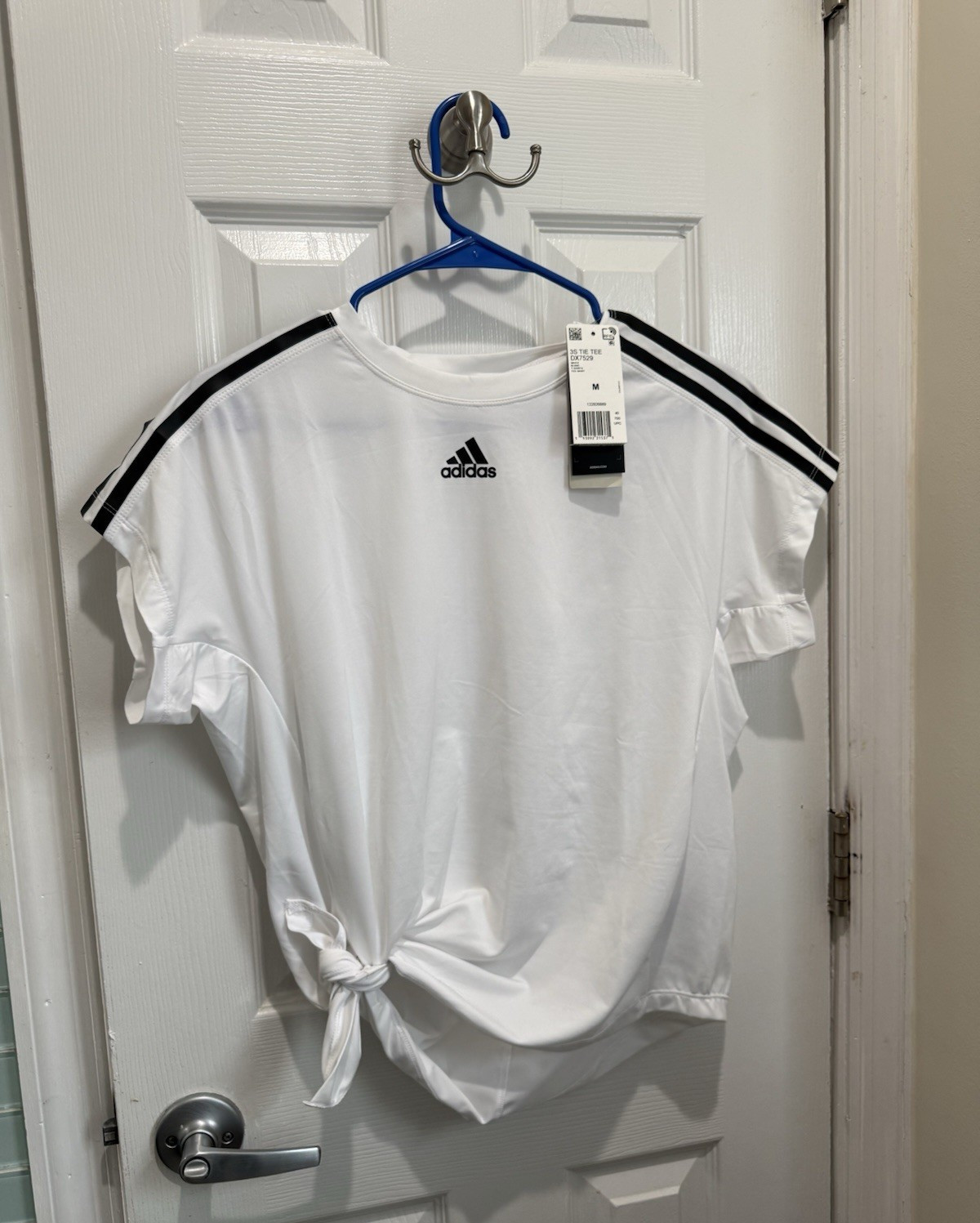 adidas 3S Tie Tee 3-Stripes Tie Front Crew Neck T-Shirt White/Black M DX7529