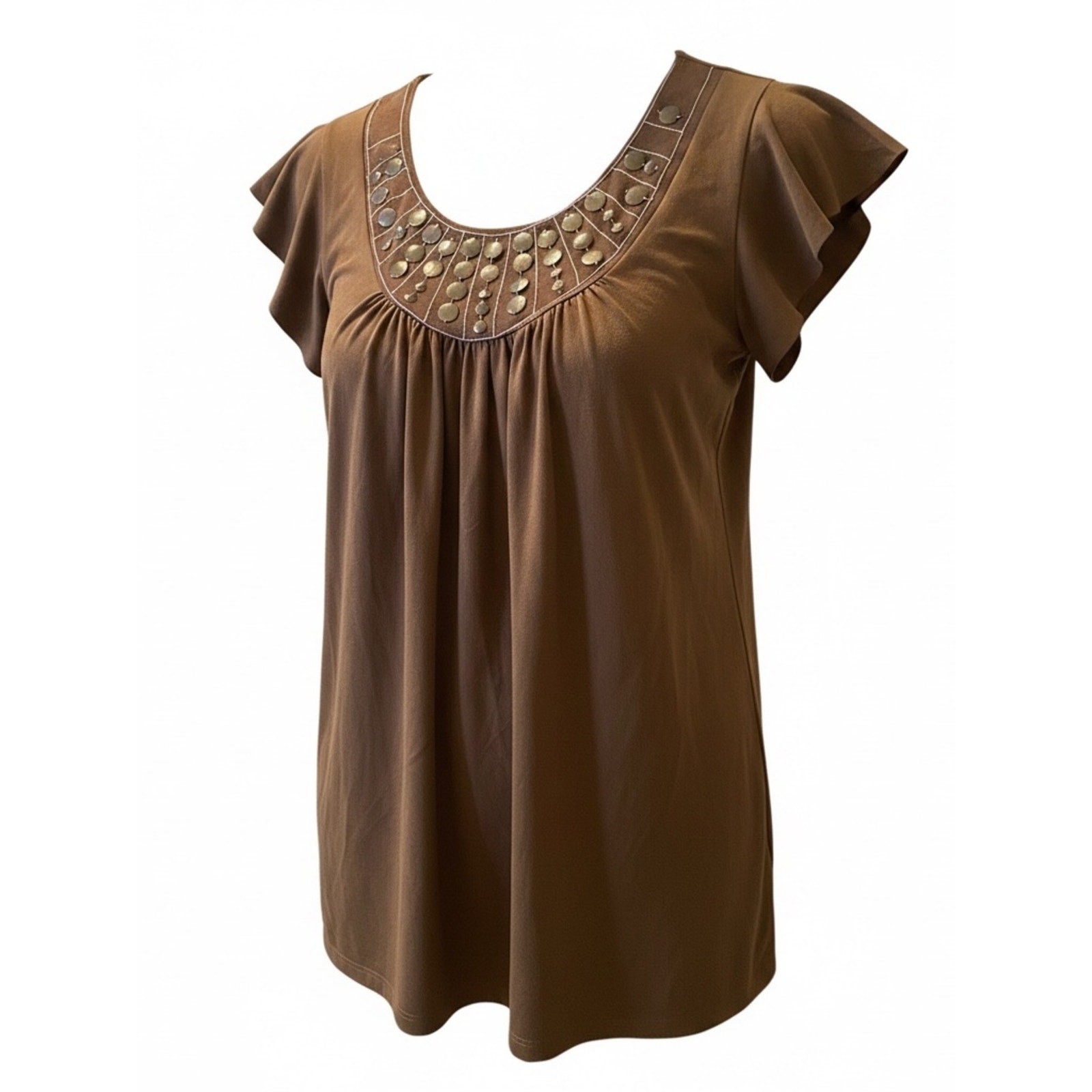 Brown Embellished Scoop Neck Women’s Top