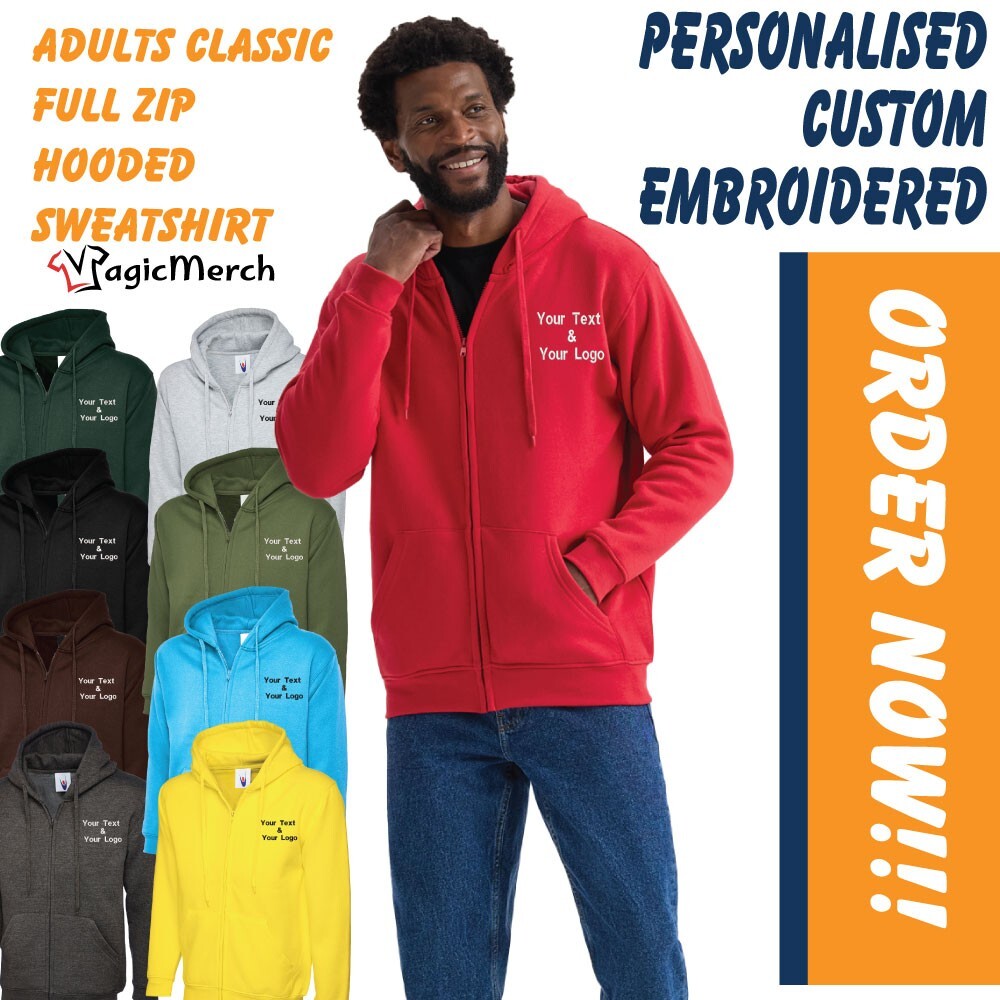 Custom Embroidered Unisex Full Zip Up Hoodie Your Text Gym Sports Running