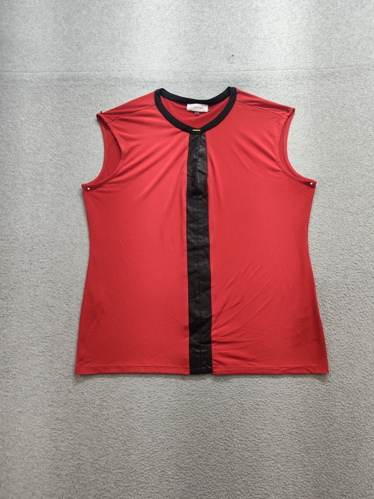Calvin Klein Women Top L Red Black Faux Leather Stripe Crew Neck Sleeveless City