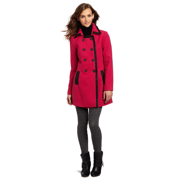 NEW A. Buyer Juniors Melton Double-Breasted Hot Pink/Black Coat, Sz. Large