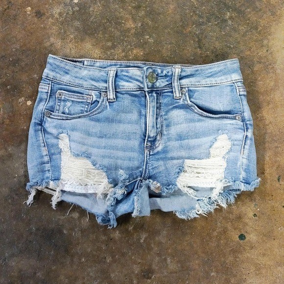 American Eagle Micro Shorts Women’s 4 Shortie Low Rise Lace Pockets Frayed Denim