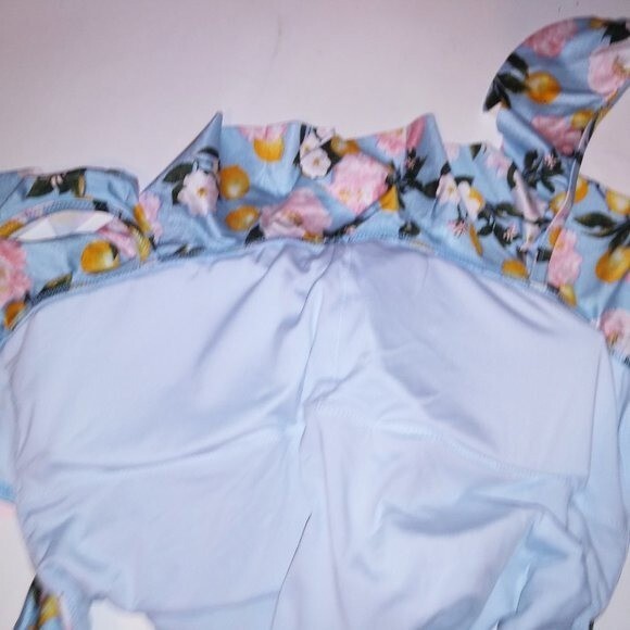 Victoria Secret One Piece Swim Large Blue Yellow Pink Floral Ruffle Lemons