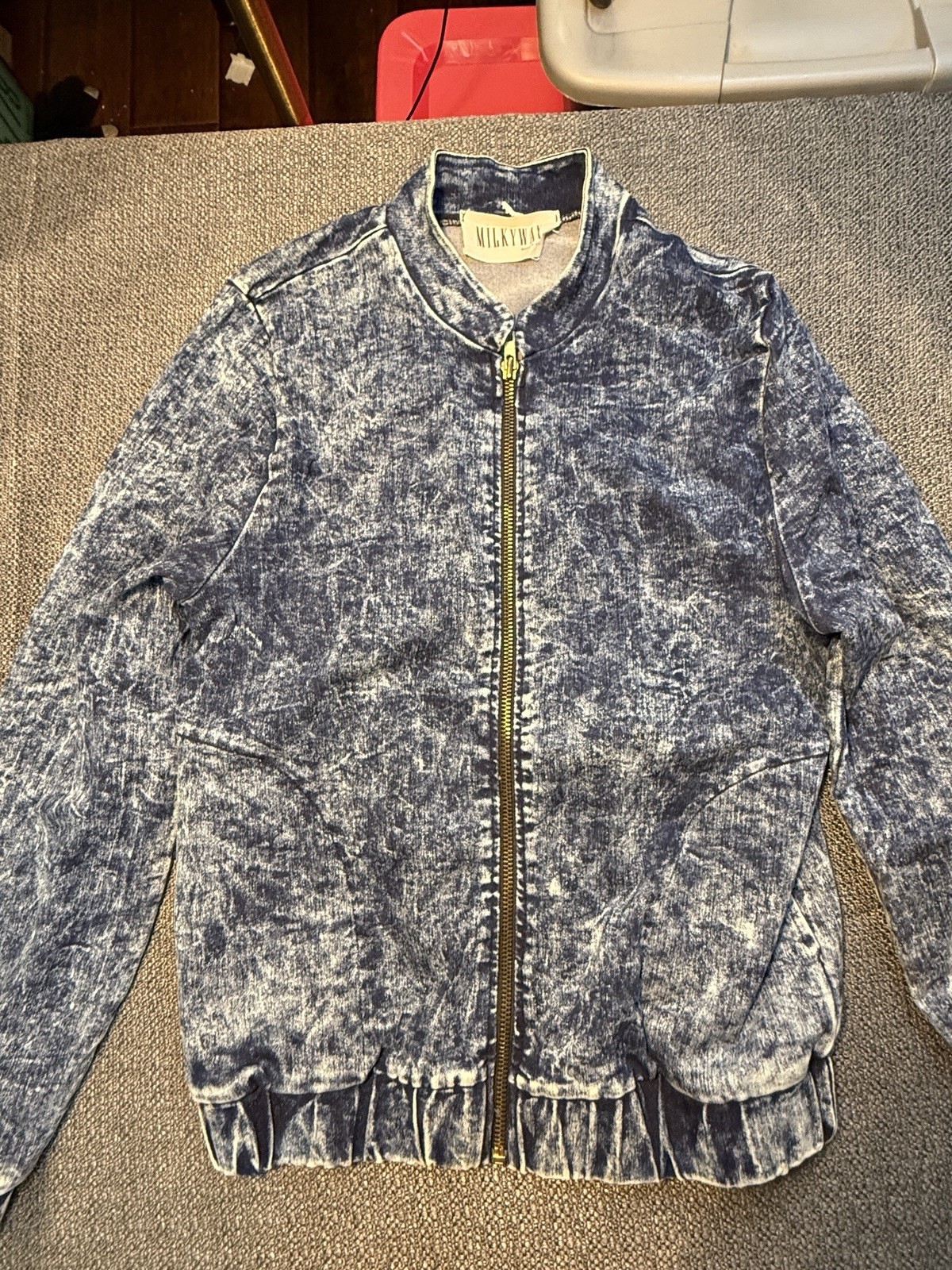 MILKYNWAY Women’s Blue Acid Wash Bomber Jacket Zip Front Pockets Size S