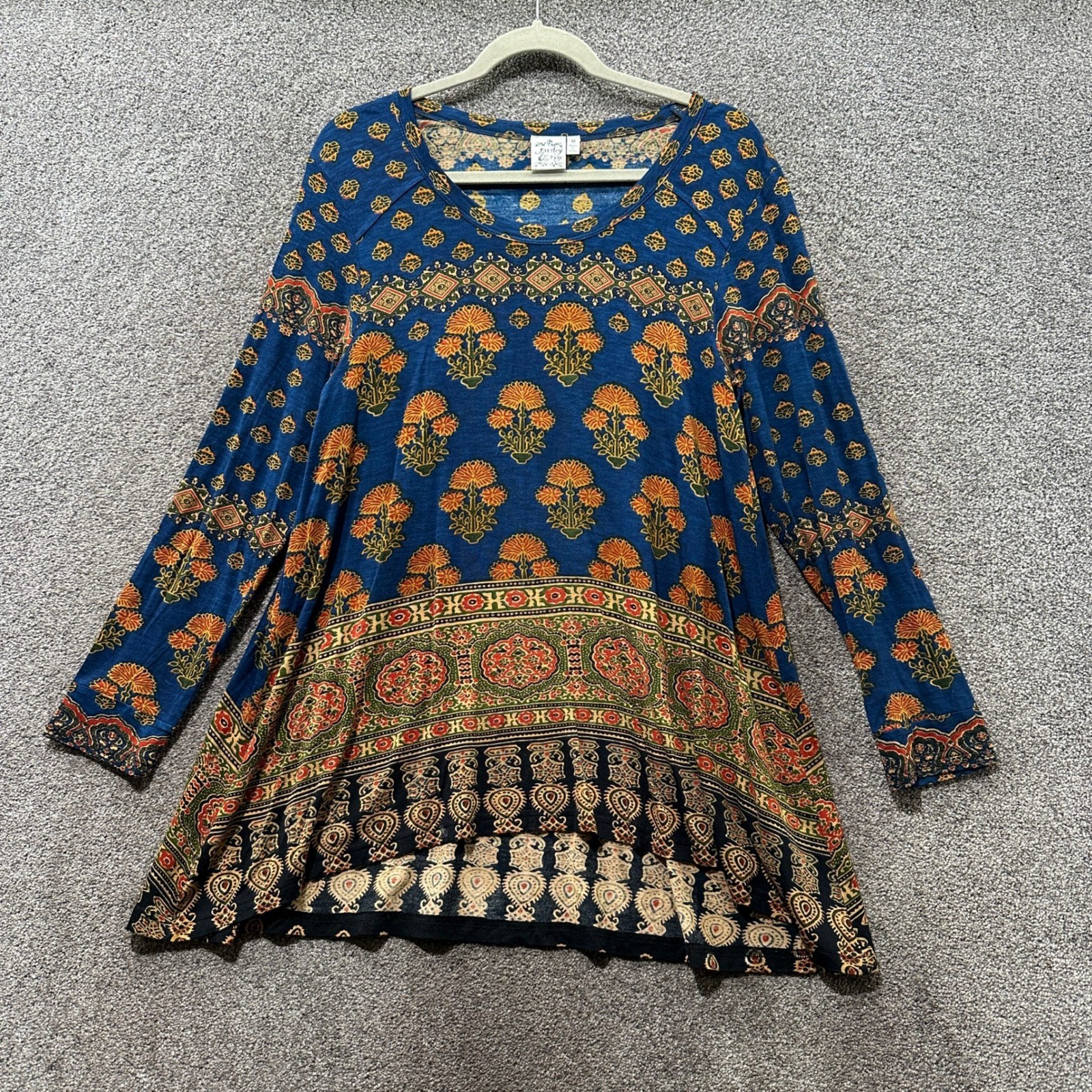Parsley & Sage Tunic Top Women Medium Blue Floral Geometric Long Sleeve Boho