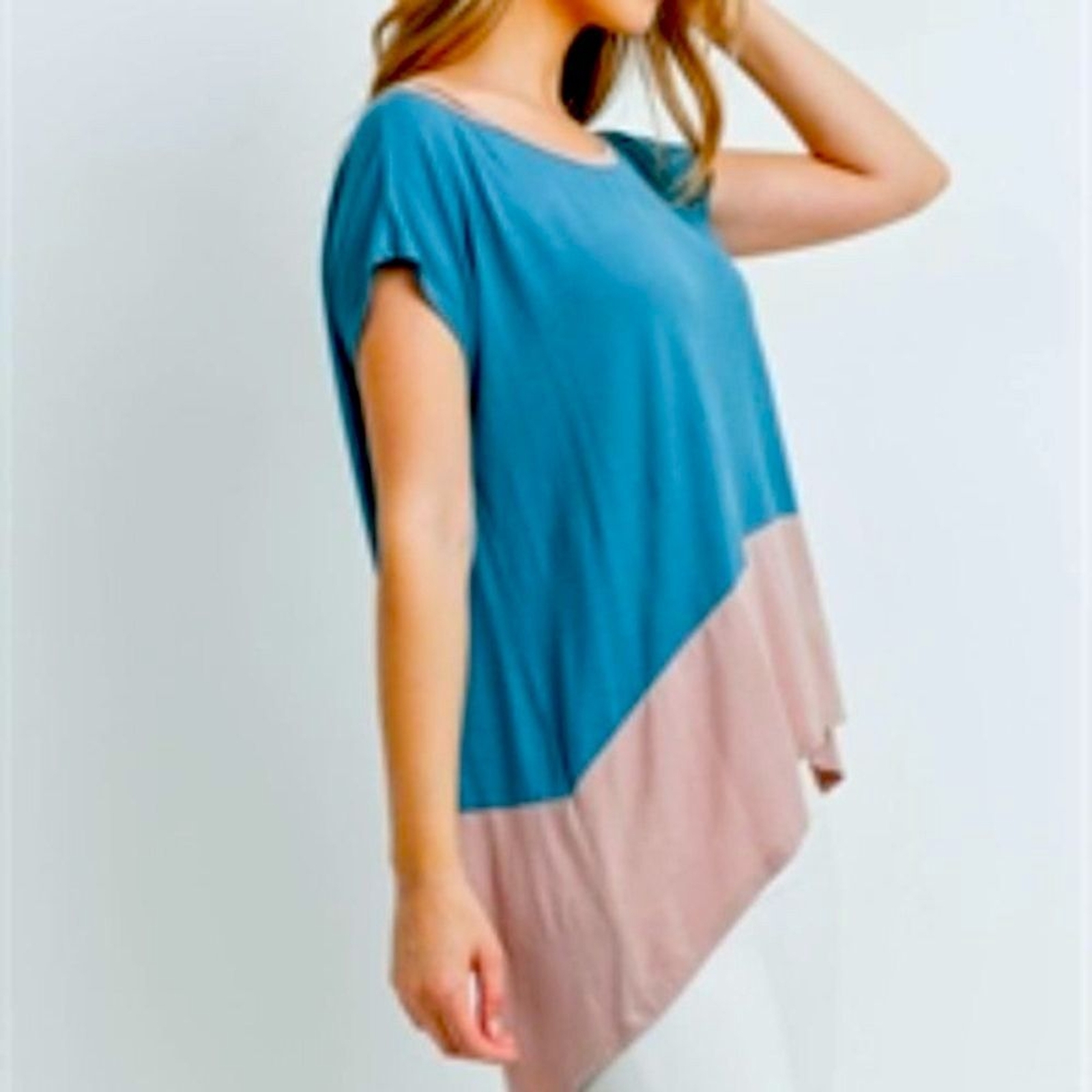 NEW Cutout Shoulder Colorblock Teal/Tan S-M-L Asymmetrical Summer T-Shirts