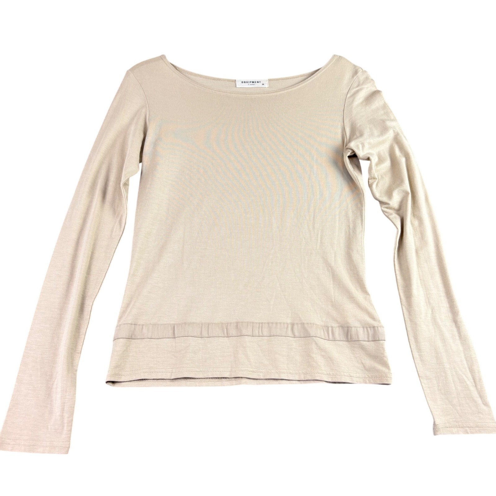 Equipment Womens M Tan Long Sleeve T-Shirt Boat Neck Tonal Band Minimalist Chic