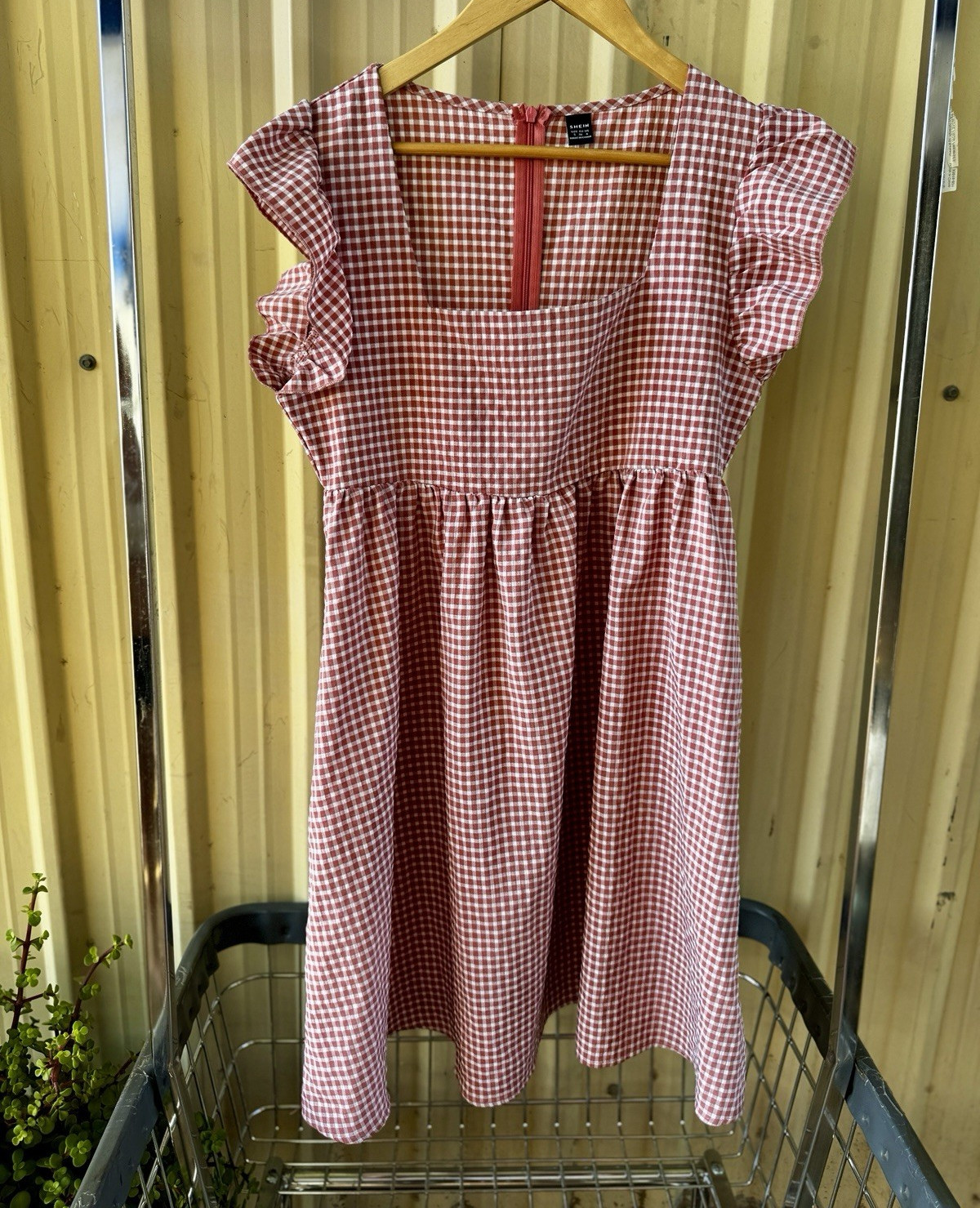 SHEIN Pink & White Gingham Square Neck A-Line Ruffle Sleeve Zip Dress, S