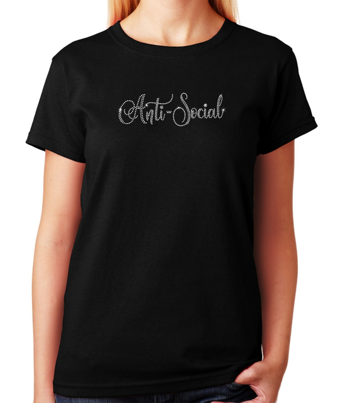 Women’s / Unisex Rhinestone T-shirt ” Anti-Social ” in Sm to 3XL