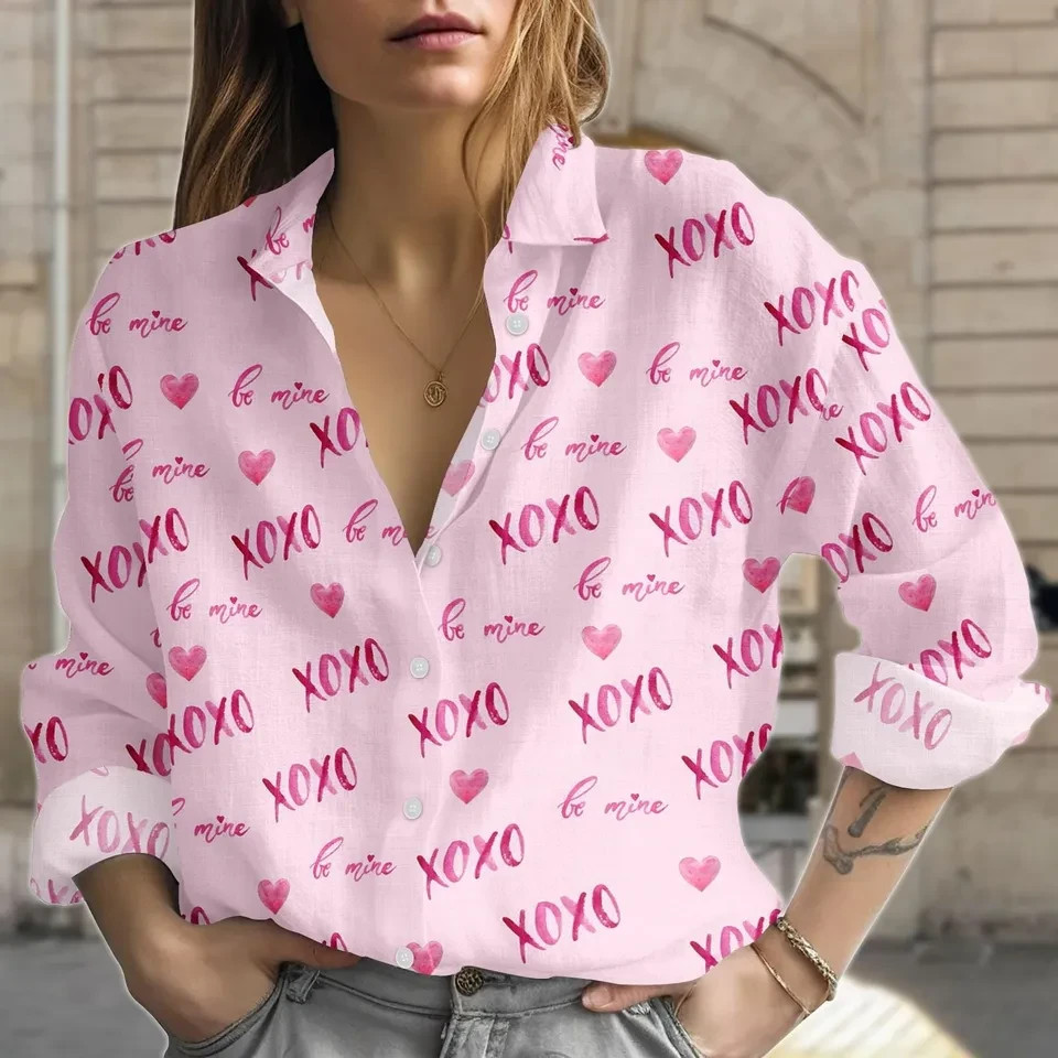Pink XOXO Heart Print Women’s Button Up Blouse Valentine Romantic Girlfriend Gif