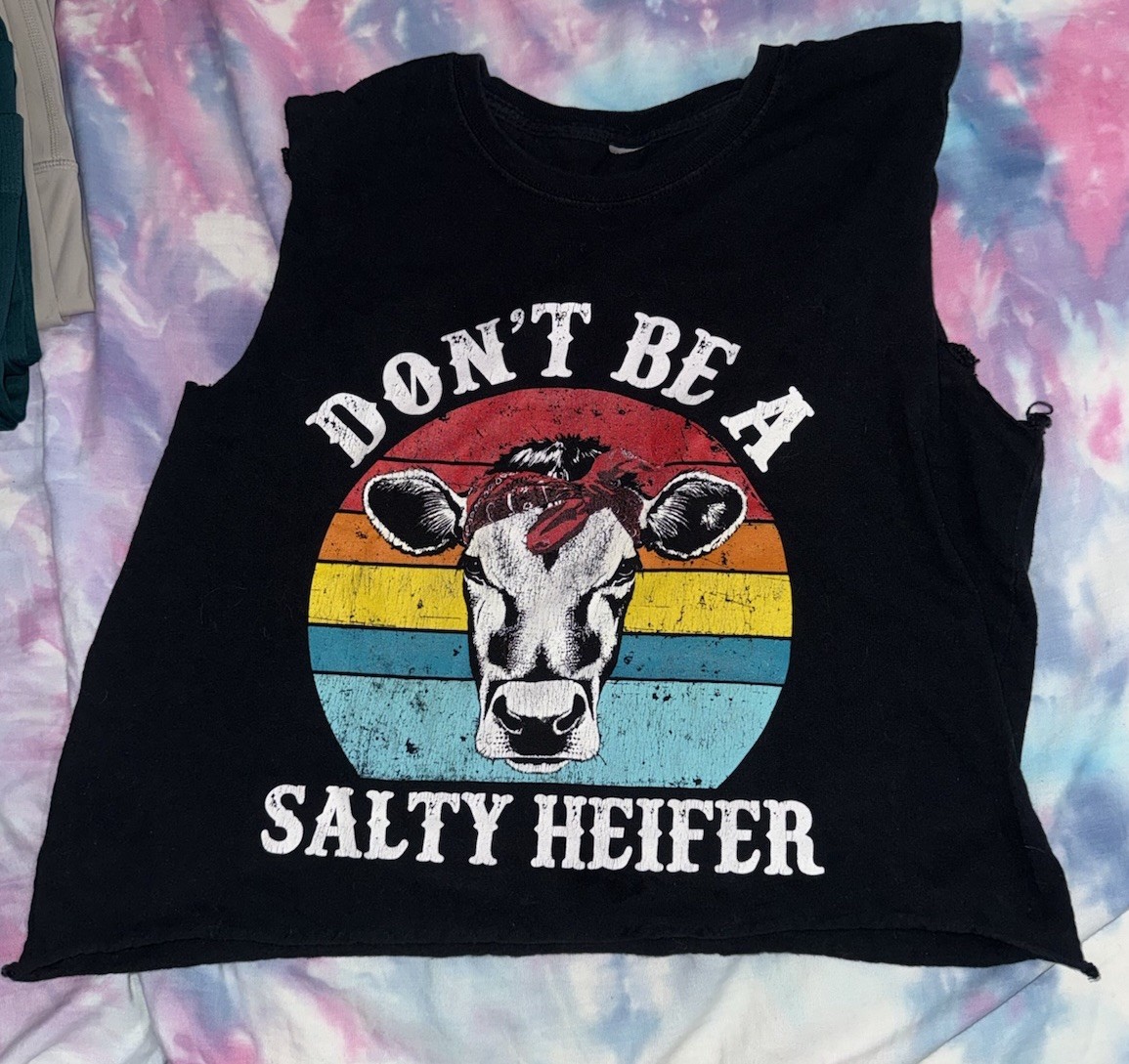 Maternity Women’s Black Sleeveless Crew Neck Tank “DON’T BE A SALTY HEIFER” M