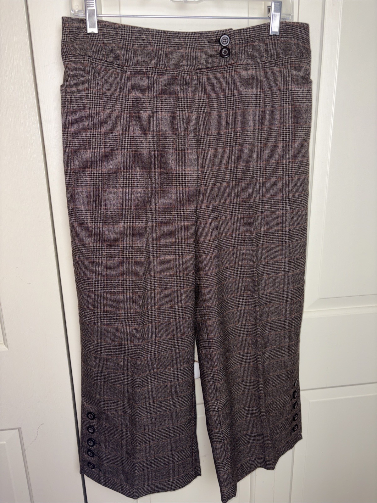 CAbi Cropped Pants Glen Plaid Brown Wide-Leg Button Size 8 Style #138 Dry Clean