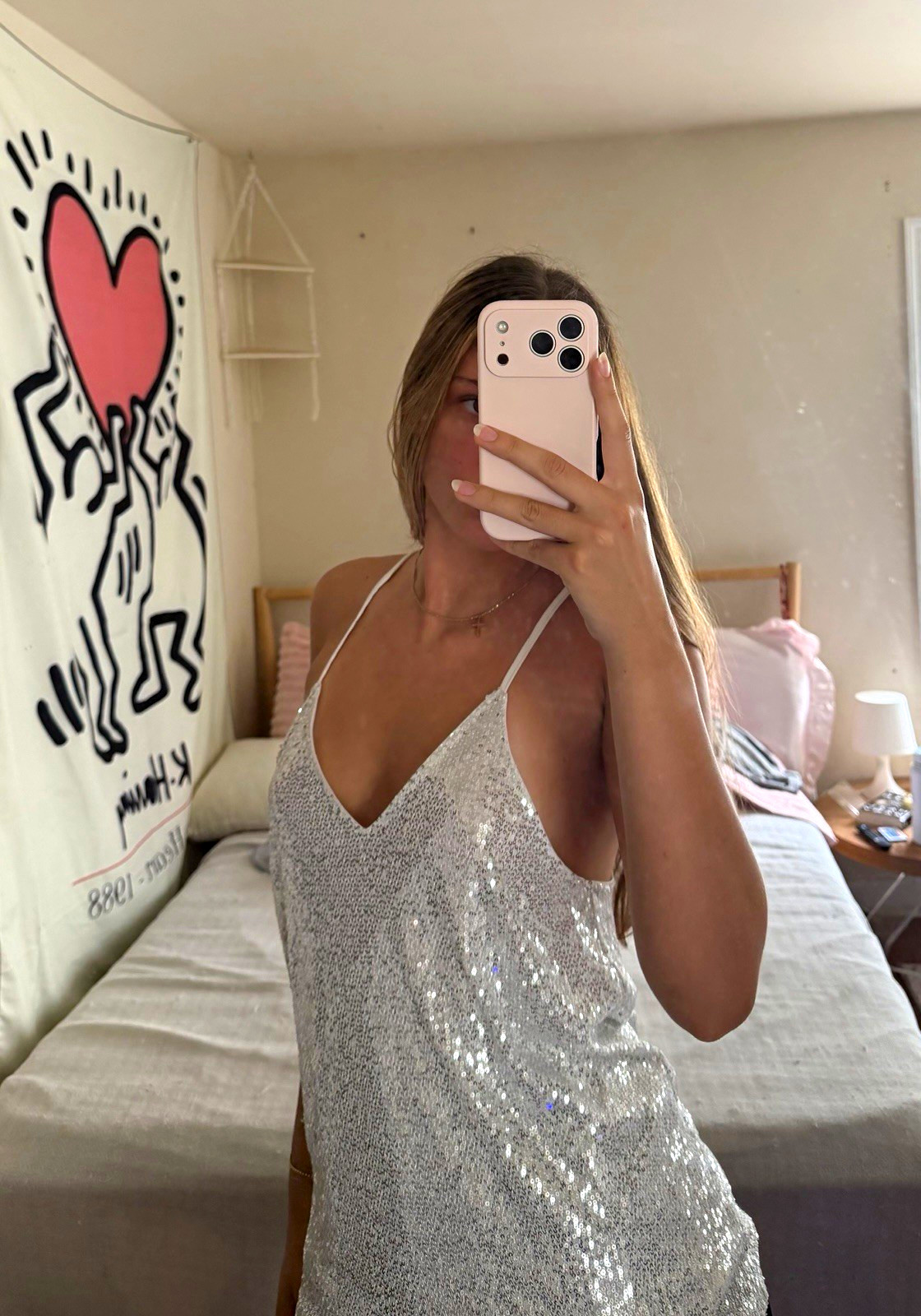 Miduo Women’s Sequin V-Neck Camisole Tank Top M Silver Spaghetti Adjustable