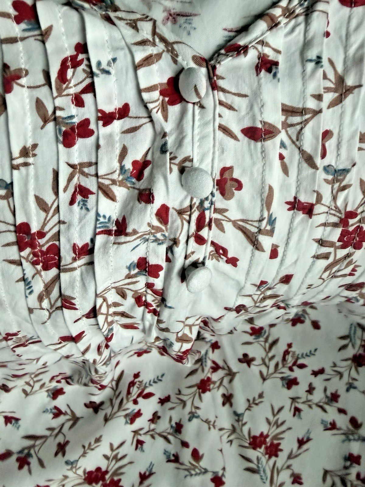 fun2fun Women’s M White Red Brown Floral V-Neck Short Sleeve Rayon Blouse