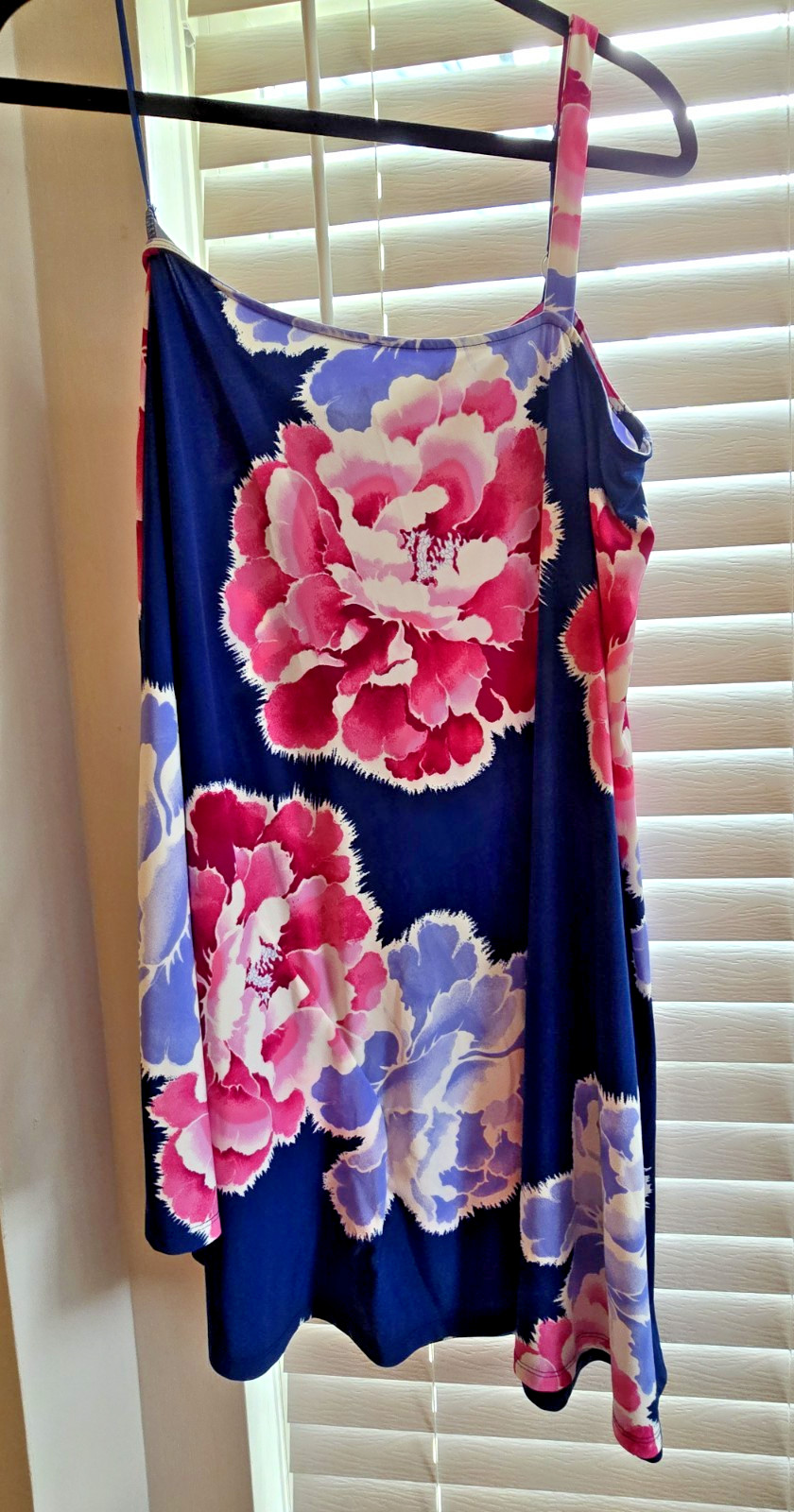 Natori Womens Floral Print Sleeveless One Shoulder Dress Blue Pink Size Medium