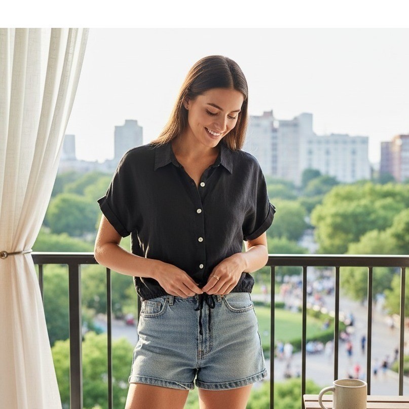Joie Black 100% Linen Cropped Tie Front Button Down Shirt Top Womens Size L