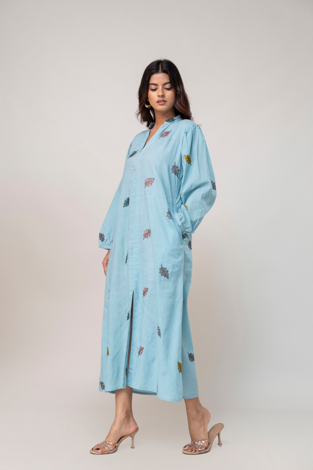 Hand Embroidered Cotton Midi Dress, Sky Blue Boho Leaf Print, Cottagecore Style