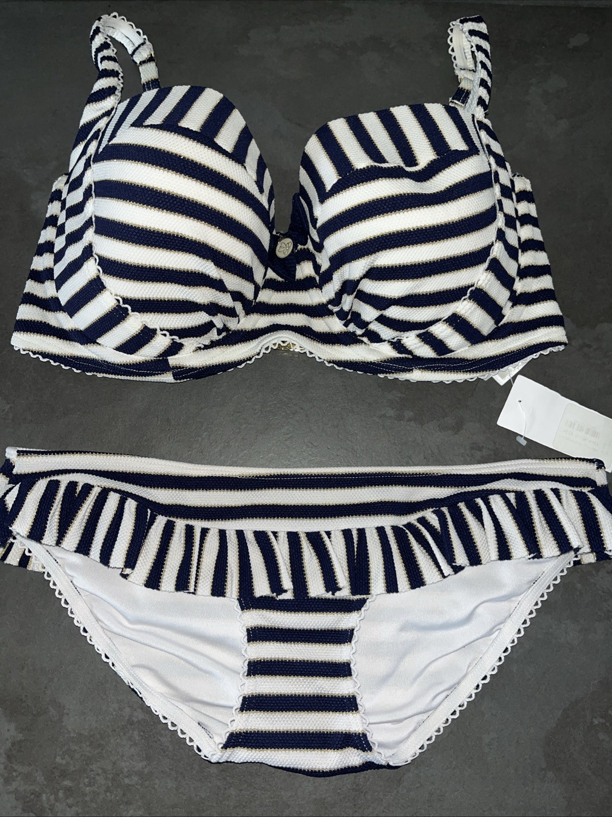 Ladies Navy Blue & White Floozie Frost French Bikini Top 36E Bottoms Size 10