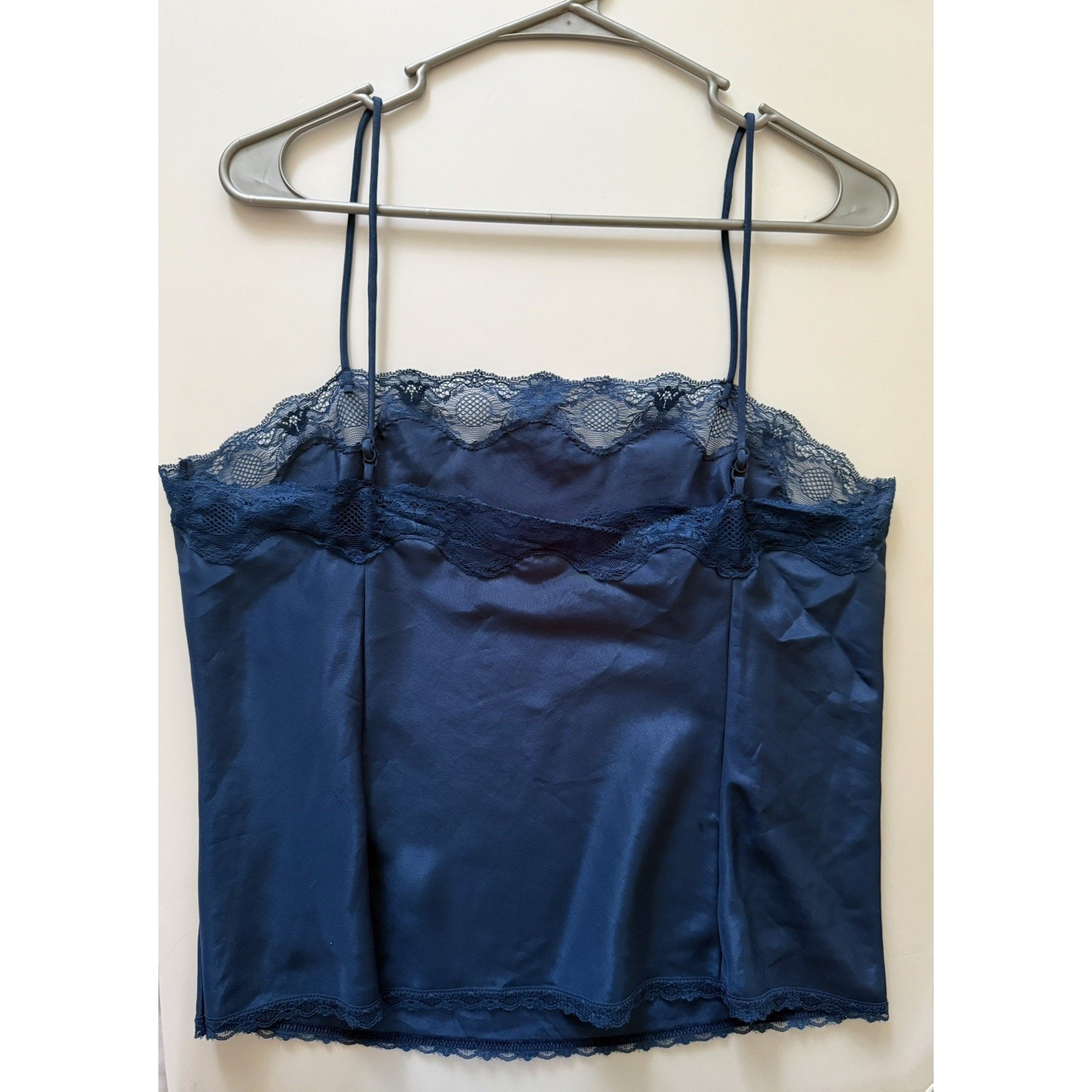 Vtg 90s Y2K Cami Top Navy Satin Lace Trim Warner’s Nylon