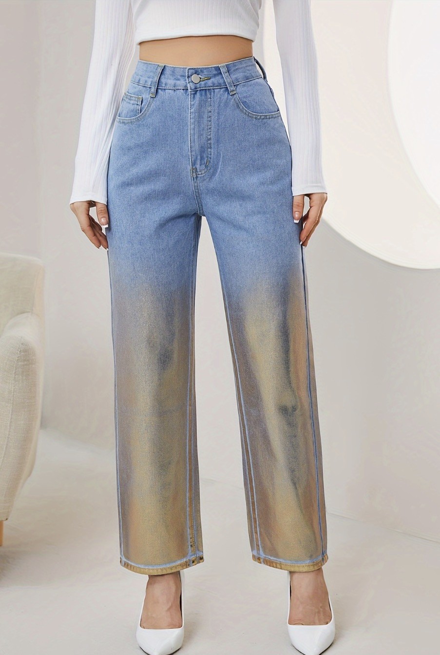 Women Jeans Foil Gold Hot Stamping xxl Blue High Rise Straight Leg Relax Fit