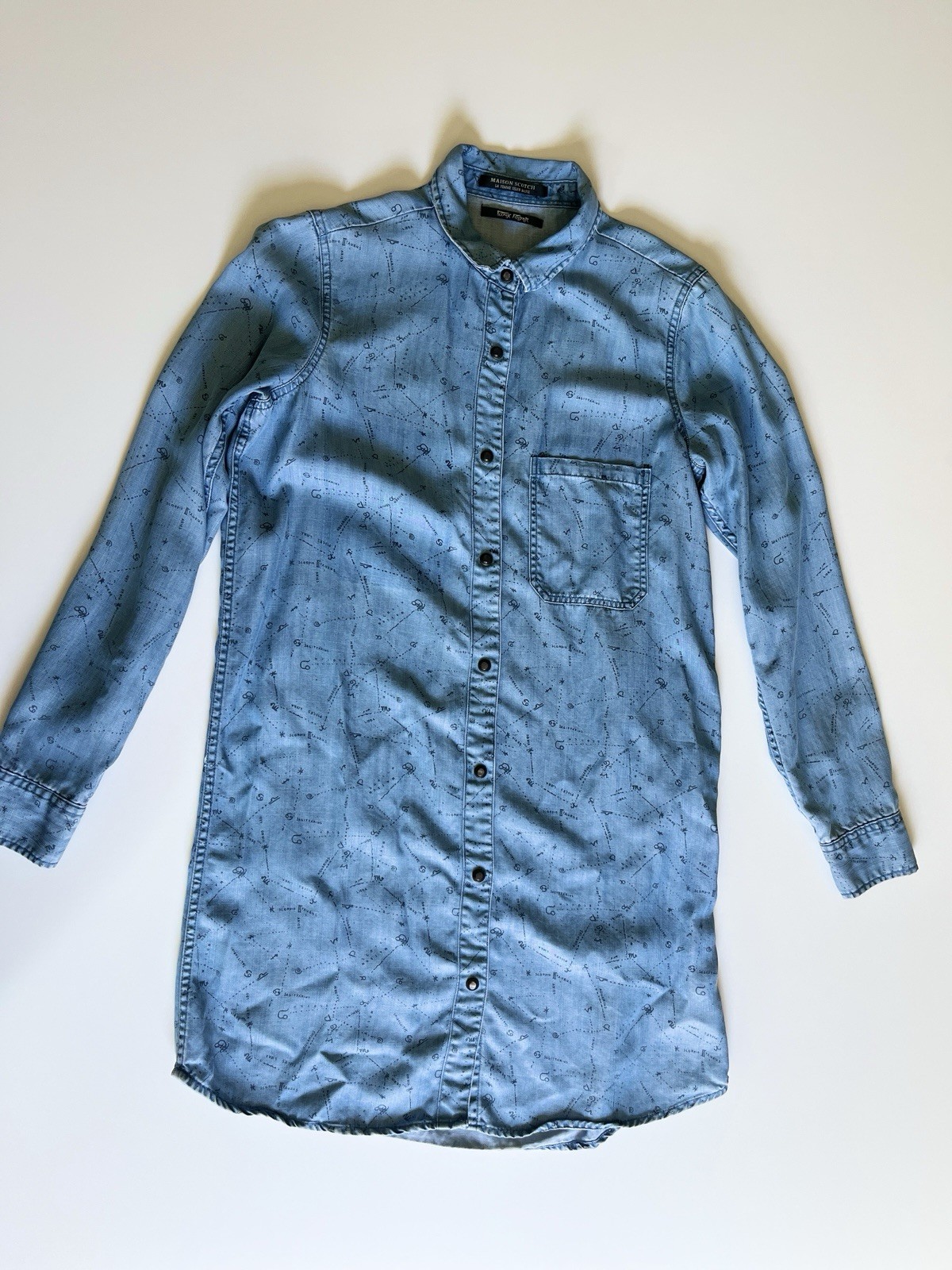 Maison Scotch Punk Radar SAMPLE Chambray Zodiac Shirt Dress Rare W Sz S Denim