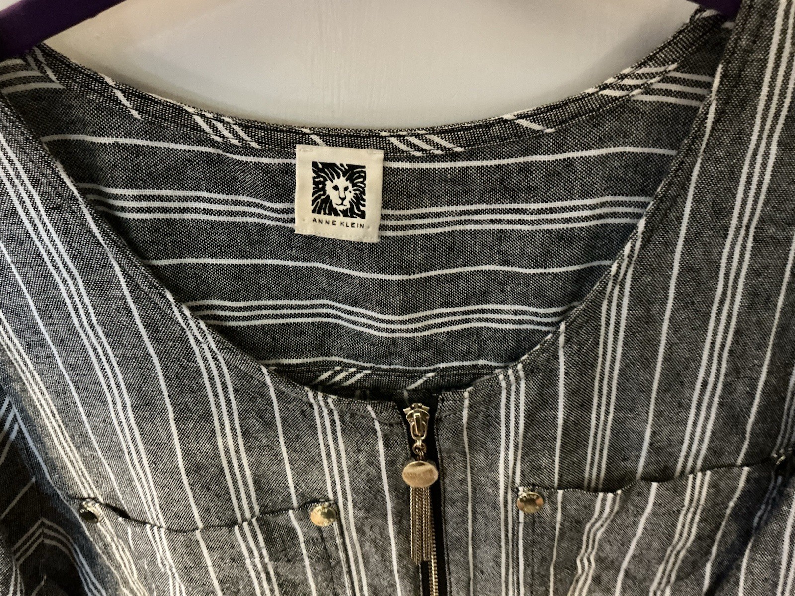 Quality Anne Klein 3/4 Zip Tunic, Gray/White Stripes, Monogram Buttons Silver