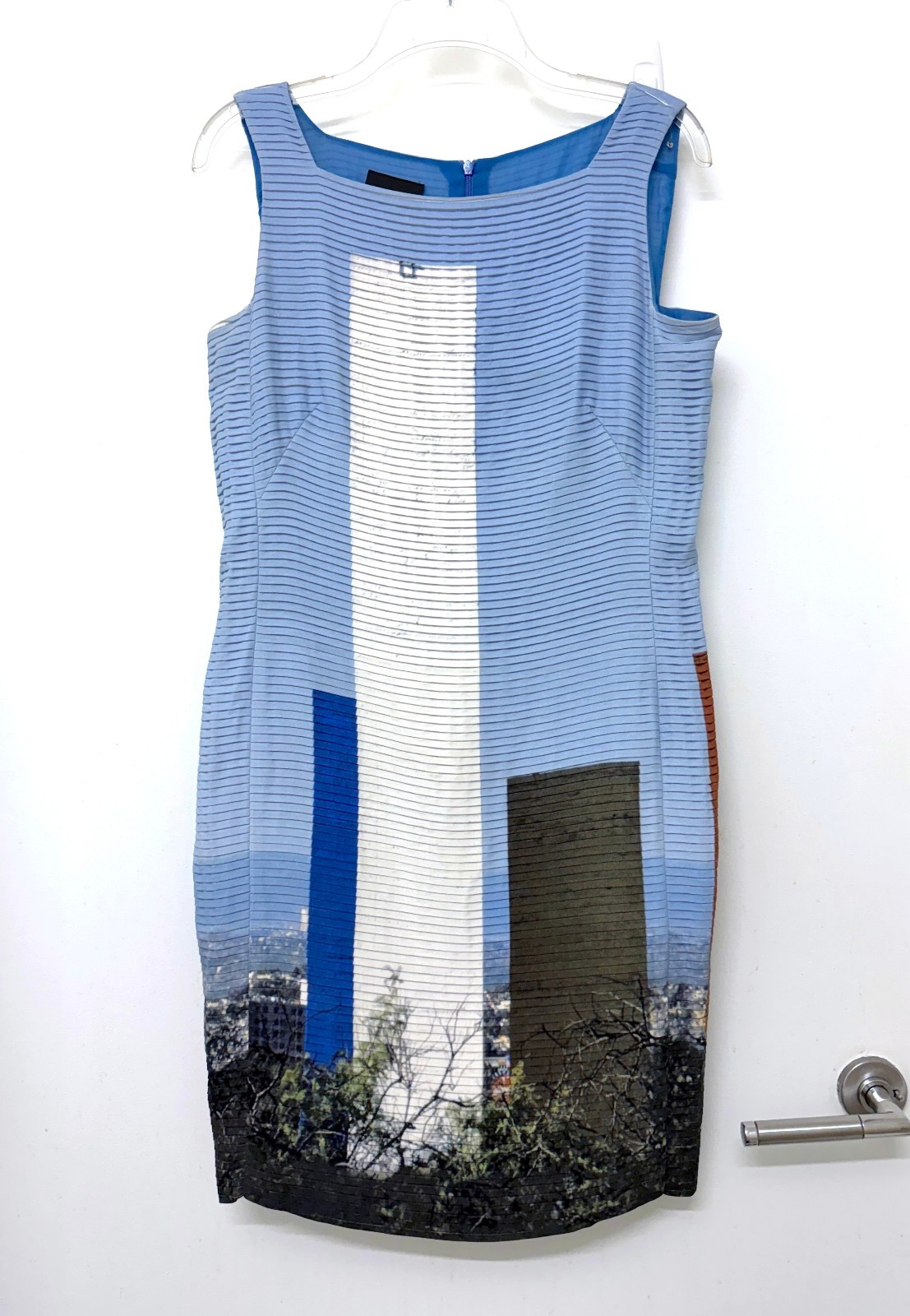 Akris Barragan Towers Print Silk Dress Blue Skyline Stripe Rectangle Pleated 8