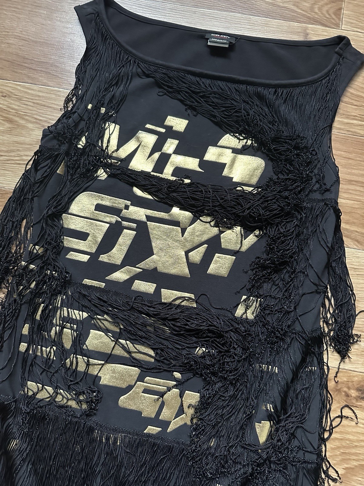 Vintage Miss Sixty Archival Fringe Dress Tunic Black Gold Logo Graphic Party M
