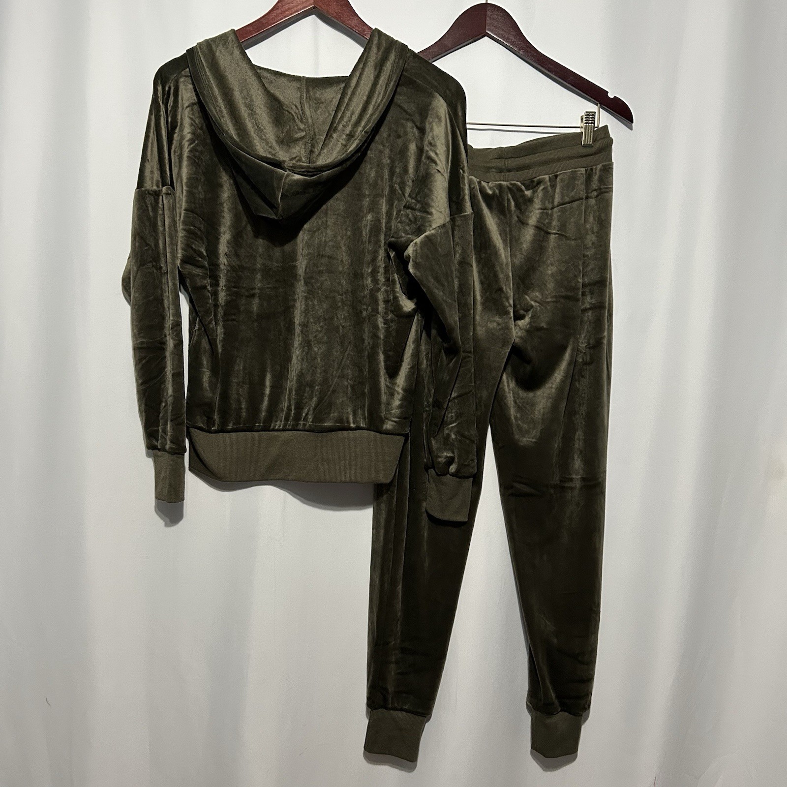 Felina Womens Velour Hoddie Jogger Set Sz Sm Olive Green New