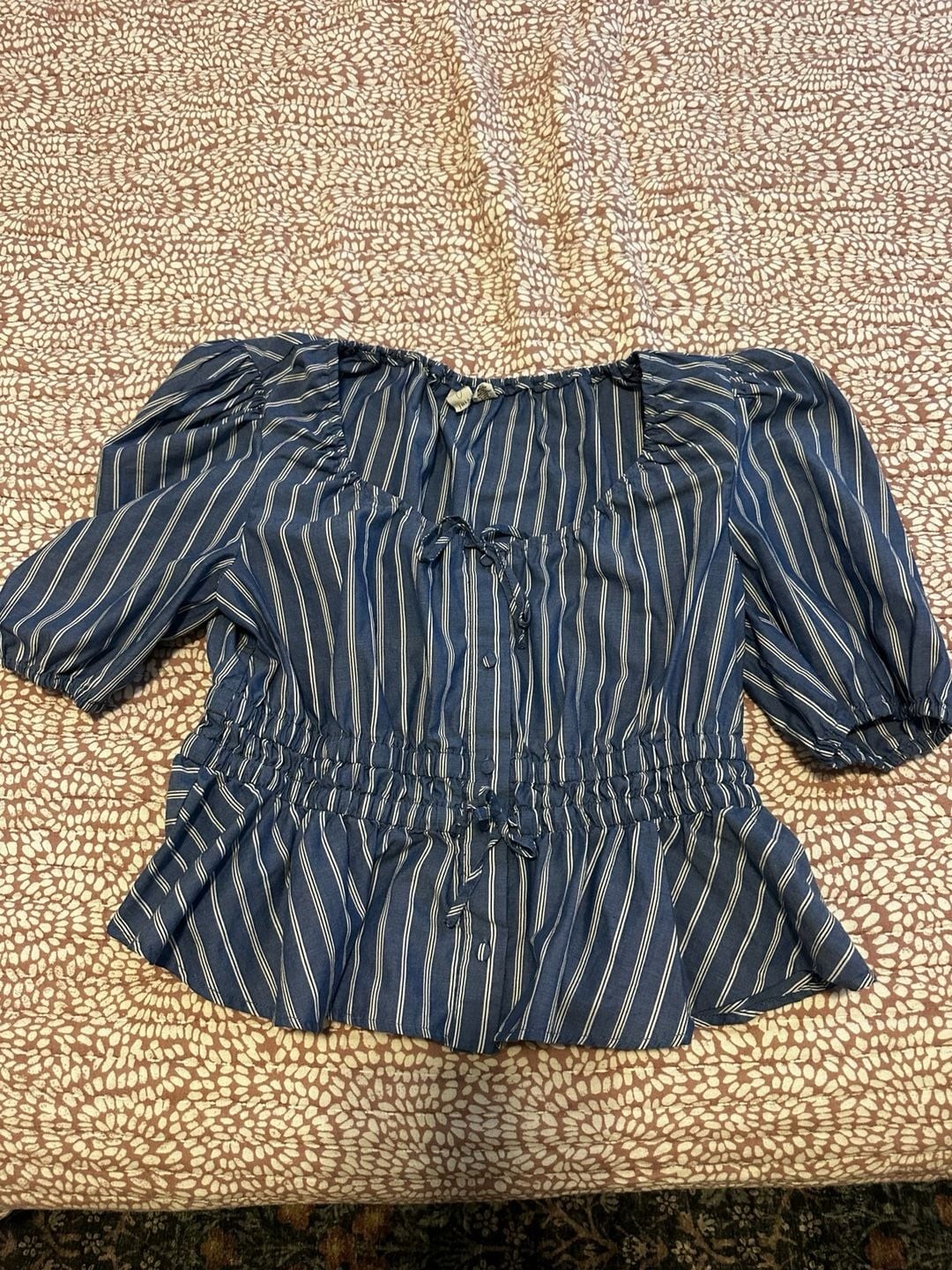 Joie Blue and White Striped Peplum Blouse with Tie-Front