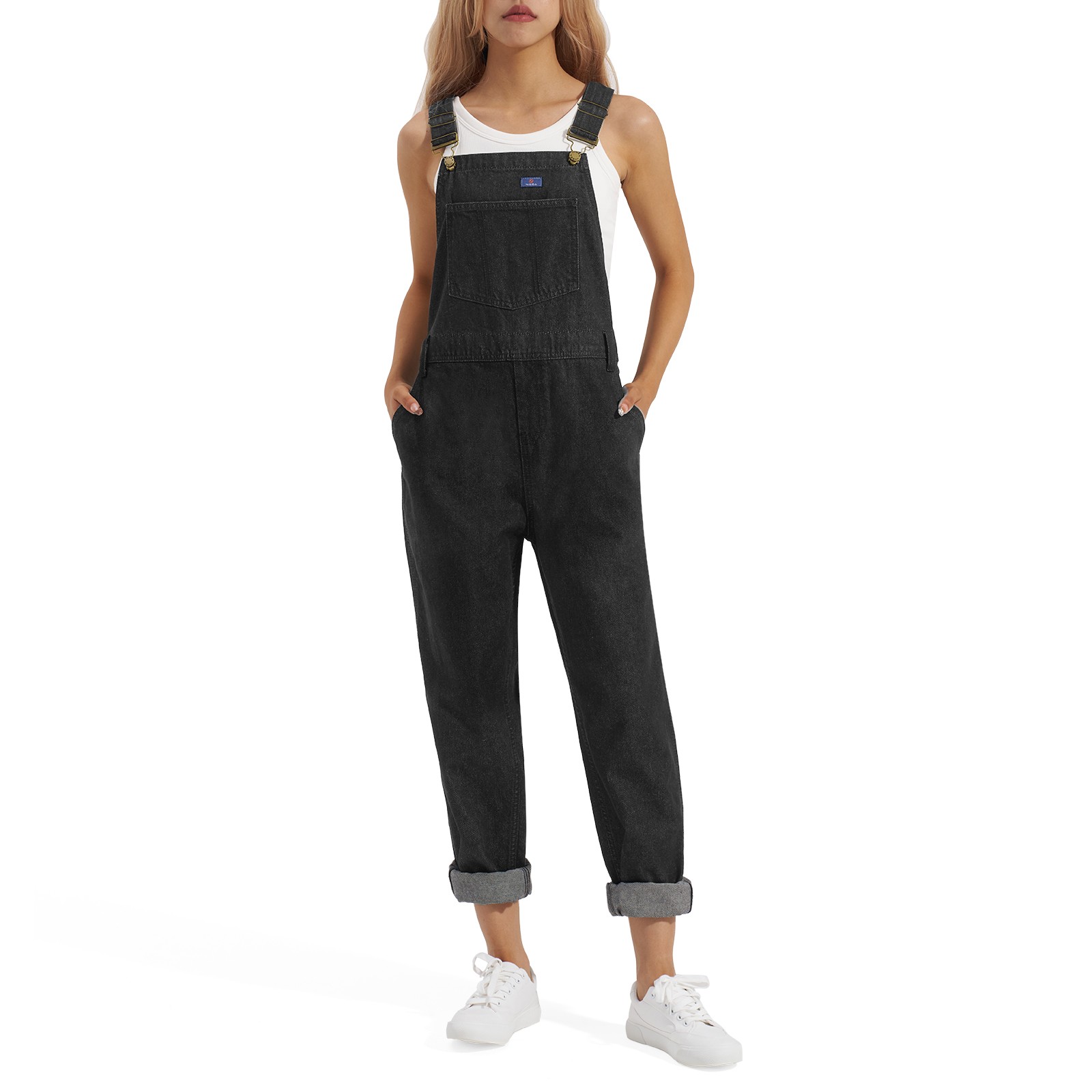 HISEA Women Denim Bib Overalls Anti-Wrinkle Carpenter Tapered Leg Dungaree Jeans