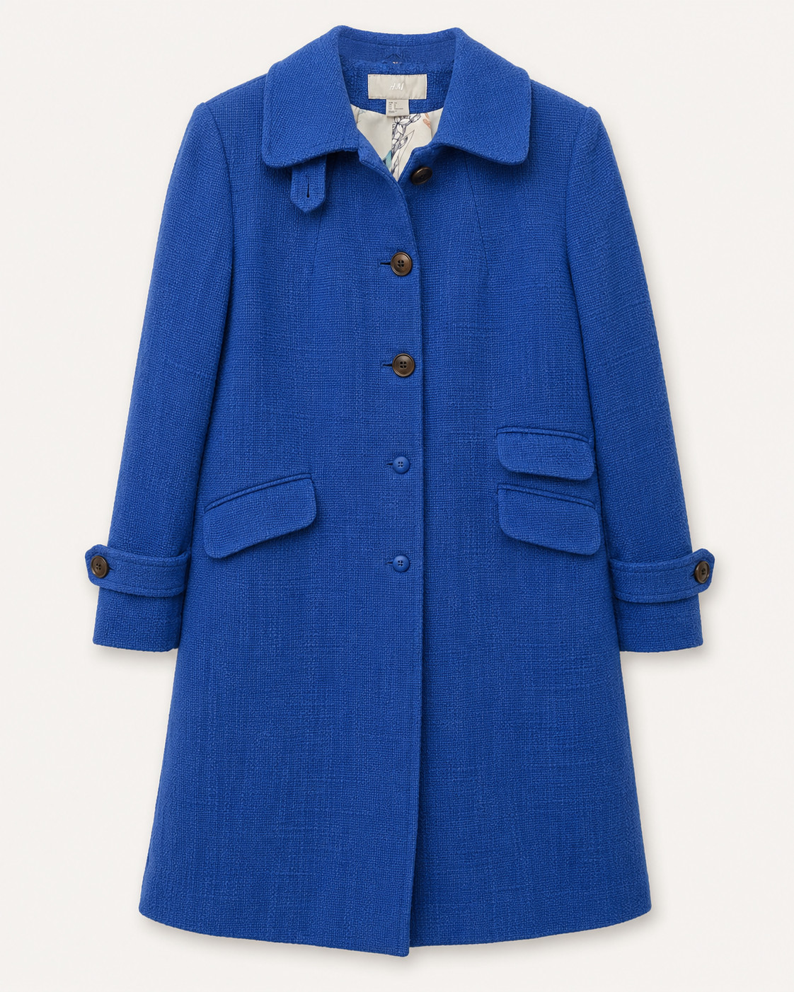 H&M Womens Cobalt Blue Tweed Bouclé A-Line Coat Bird Print Lining Size 6 NWOT