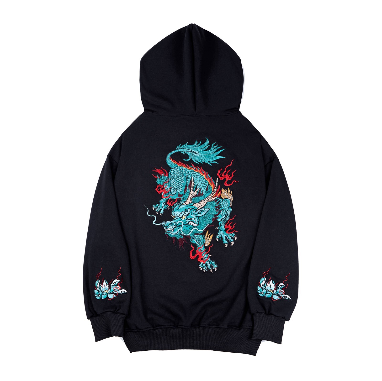 Niepce Streetwear Japanese Embroidered Blue Lion Graphic Black Hoodie Sweatshirt