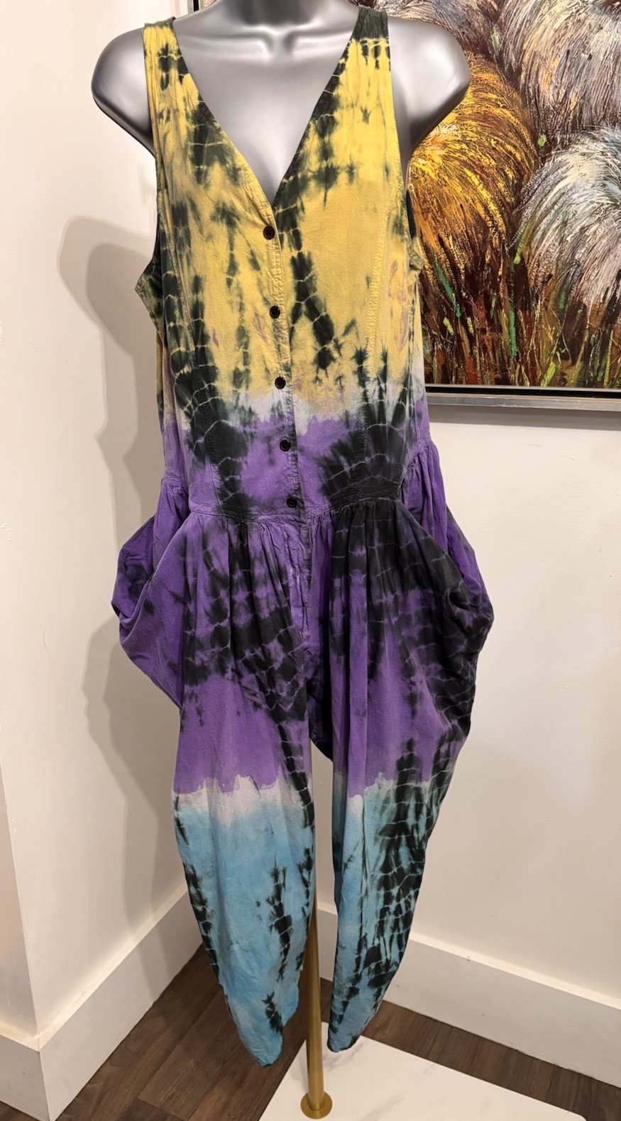 Vintage 90s A Fine Line Jumpsuit Made in Pakistan Boho Tie Dye Harem Romper M