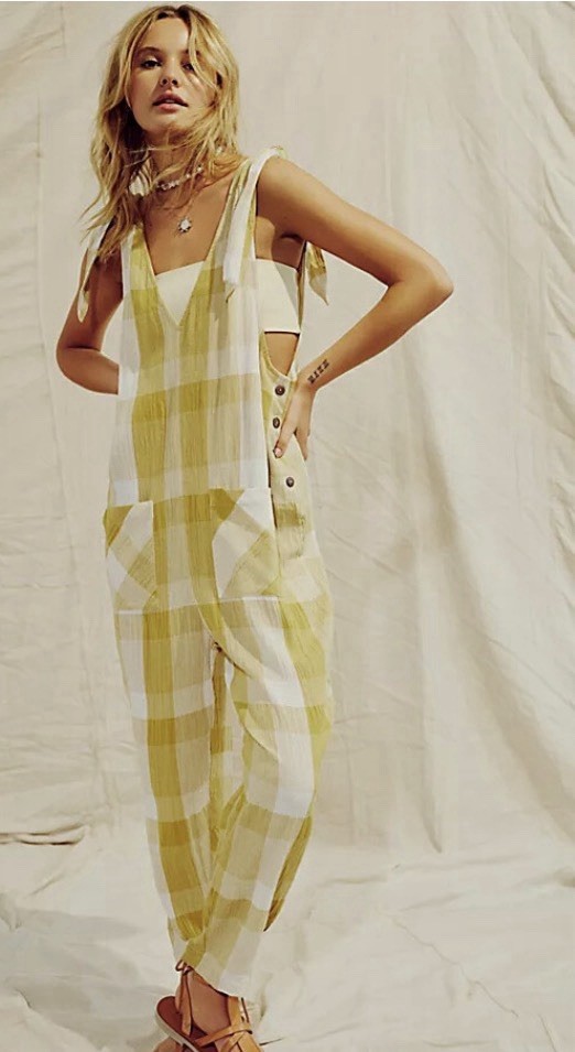 Free People Women’s Jumpsuit Size Med Yellow green Plaid Tie Shoulders Pocket