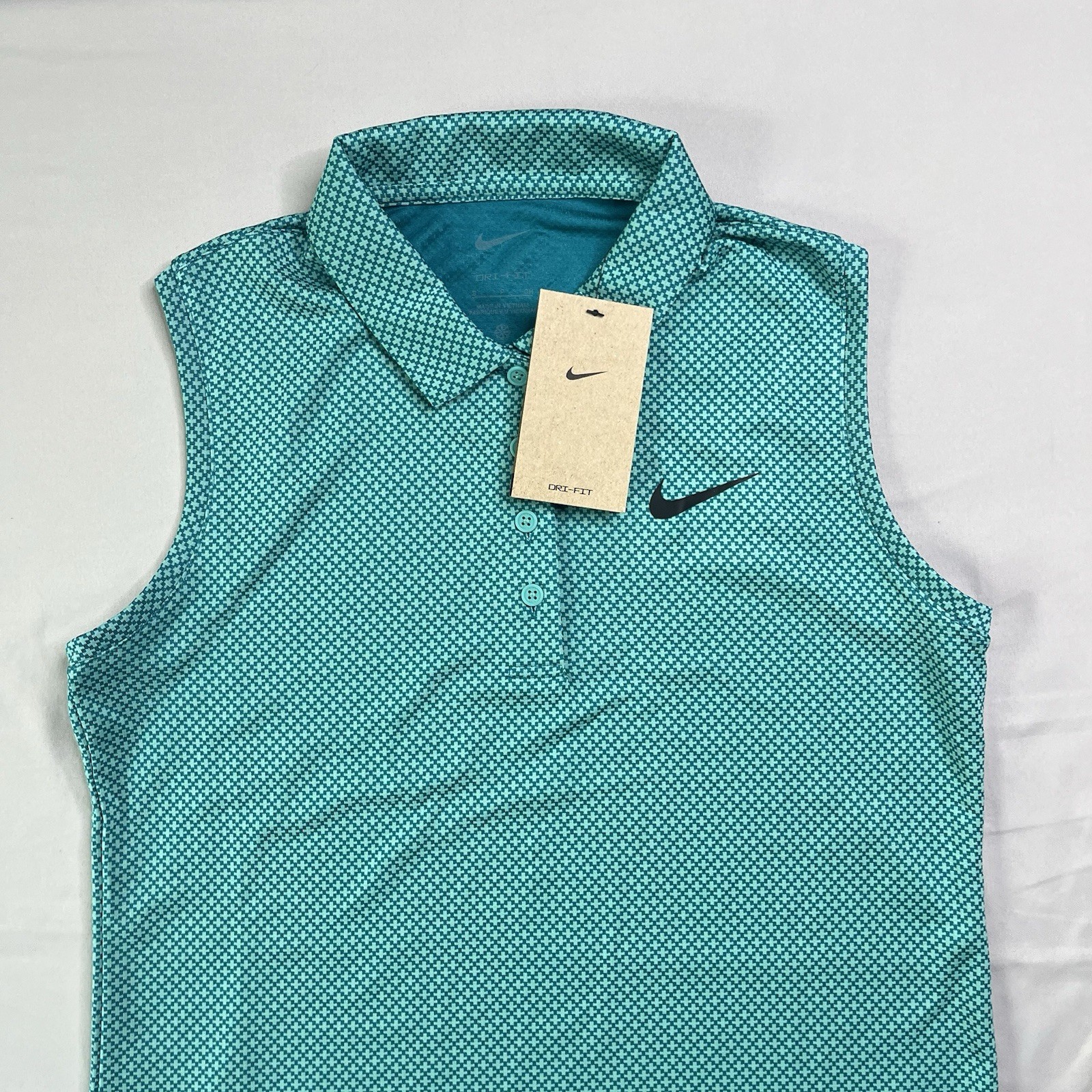 Nike Dri-Fit Shirt Womens Small Teal Geometric Sleeveless Golf Polo Pickleball
