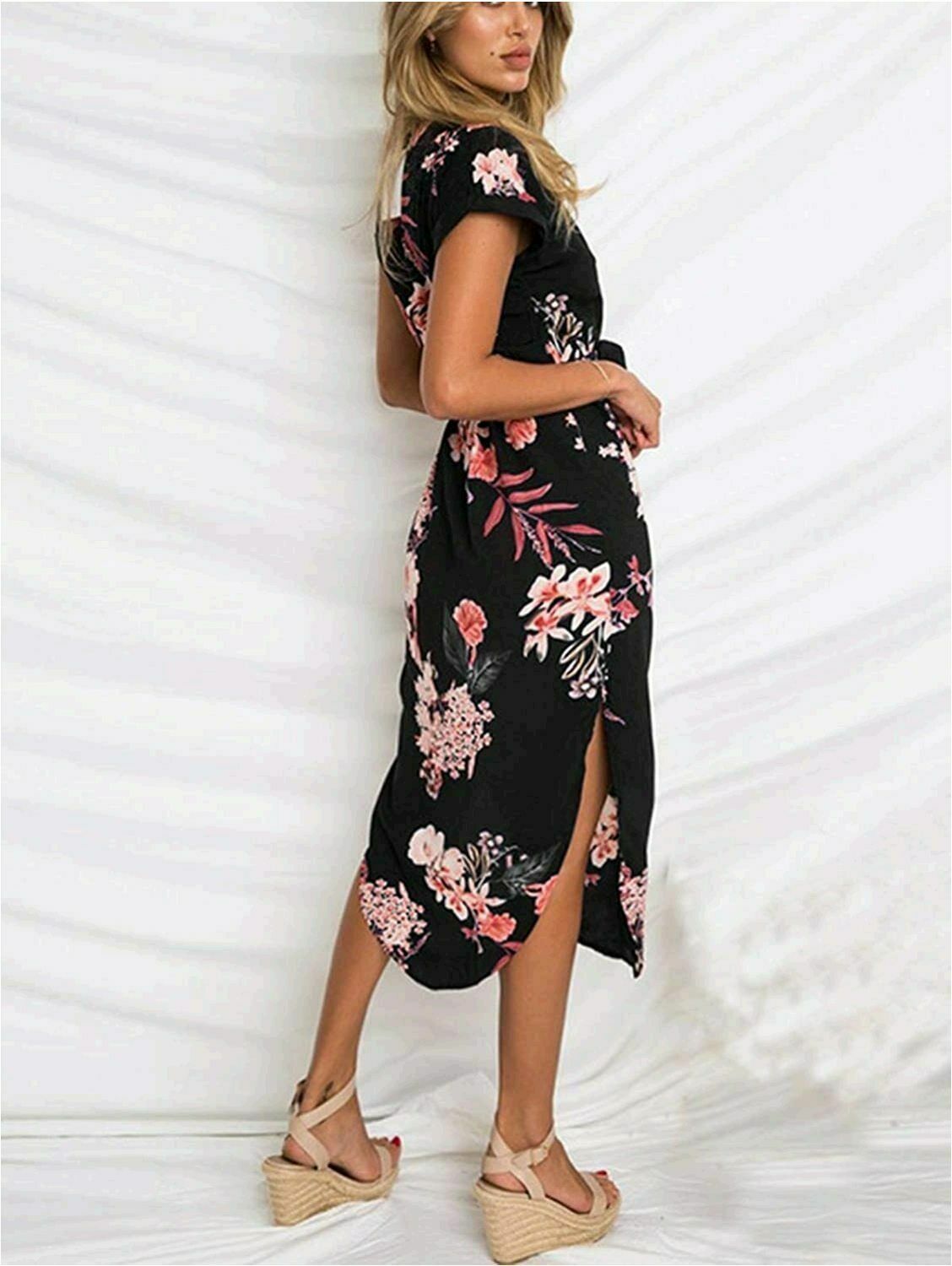 Women’s Casual Floral/Geometric Pattern Short Sleeve Spring-Summer Dress w/ Belt