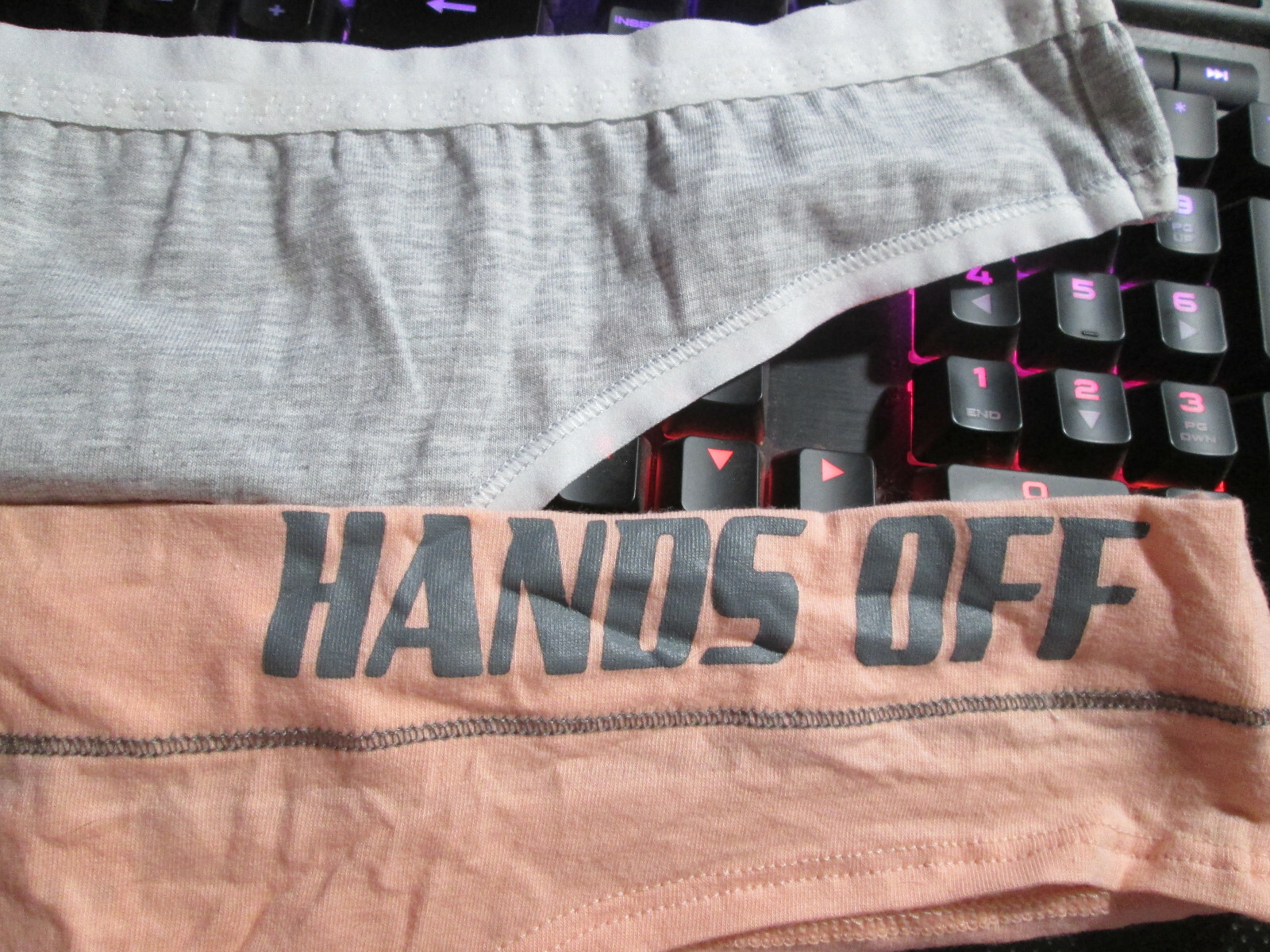 2 New 95% Cotton Thong Panties 💕Size L Set of Peach ‘Hands Off’ + Gray w/White