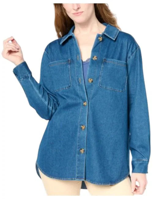 Nina Leonard Women’s Stretch Knit Denim Collared Shirt Medium Wash