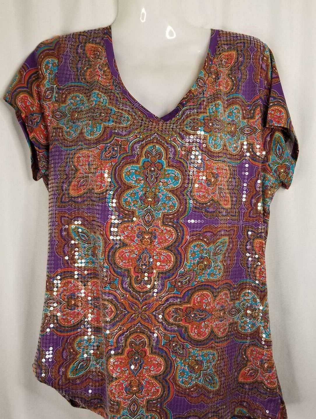 Paisley Women’s Top Clear Sequin Boutique CHIC Designer Short Sleeve Size Large
